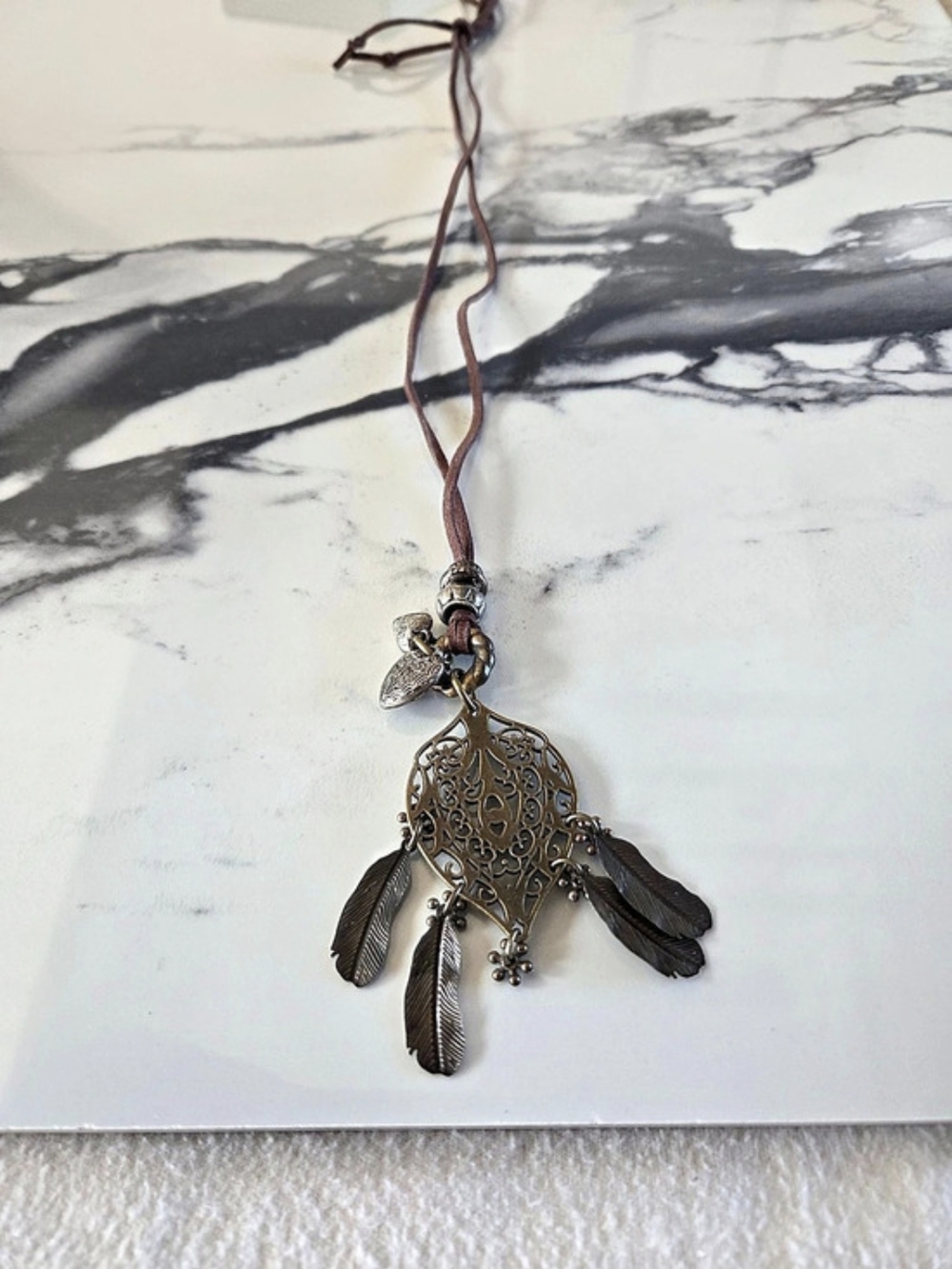 Boho Chic Filigree Medallion & Feather Charm Suede Cord Long Necklace